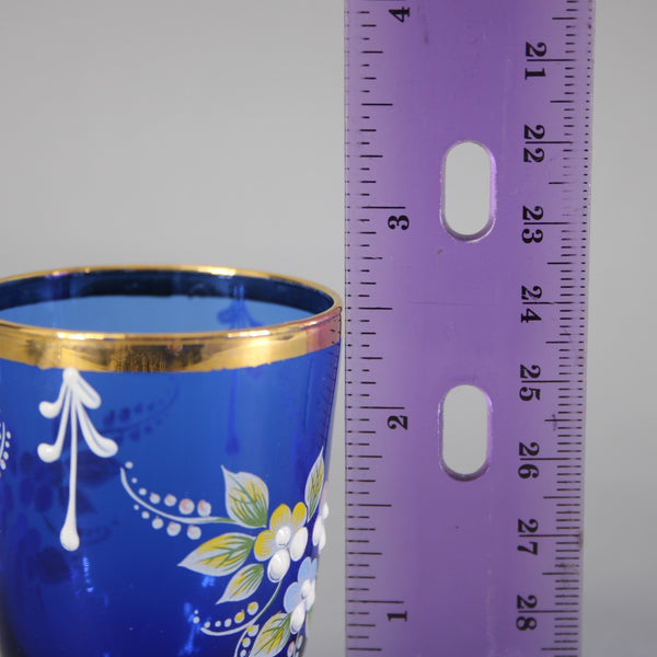 Bohemian Decanter Set Cobalt Blue Gold Painted With 6 Cups Decanter