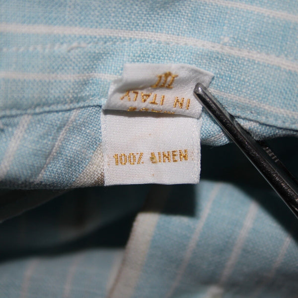 Brioni Sz M Light Blue White Brown Collared Button Down 100% Linen Shirt