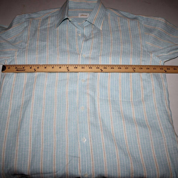 Brioni Sz M Light Blue White Brown Collared Button Down 100% Linen Shirt