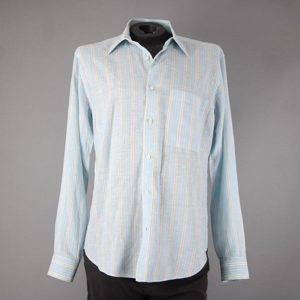 Brioni Sz M Light Blue White Brown Collared Button Down 100% Linen Shirt