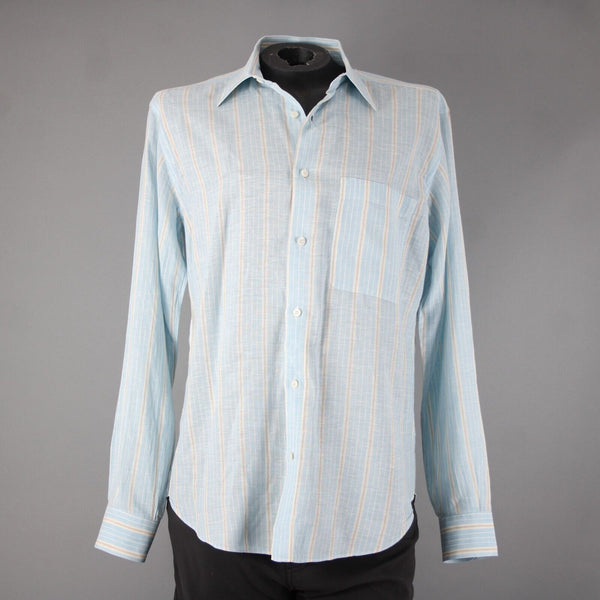 Brioni Sz M Light Blue White Brown Collared Button Down 100% Linen Shirt