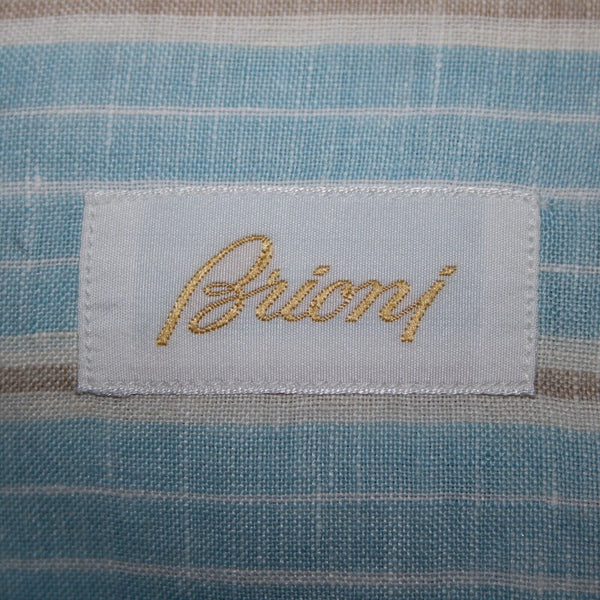 Brioni Sz M Light Blue White Brown Collared Button Down 100% Linen Shirt