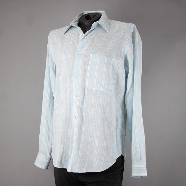 Brioni Sz M Light Blue White Brown Collared Button Down 100% Linen Shirt