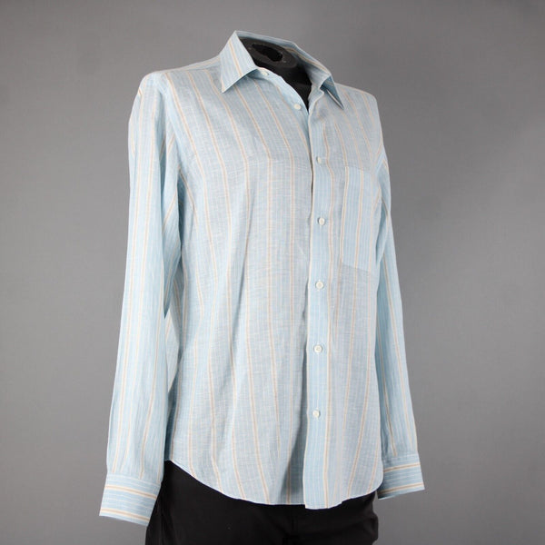 Brioni Sz M Light Blue White Brown Collared Button Down 100% Linen Shirt