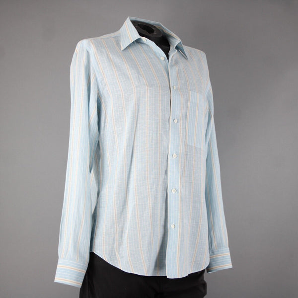 Brioni Sz M Light Blue White Brown Collared Button Down 100% Linen Shirt