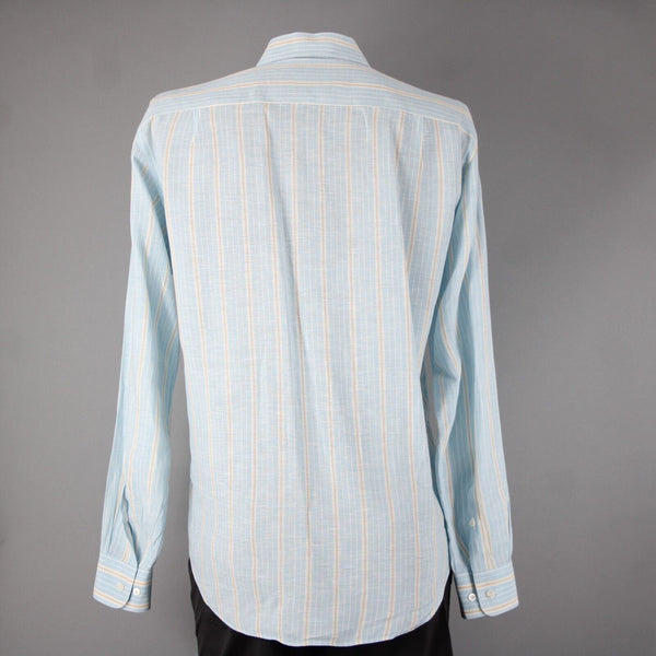Brioni Sz M Light Blue White Brown Collared Button Down 100% Linen Shirt