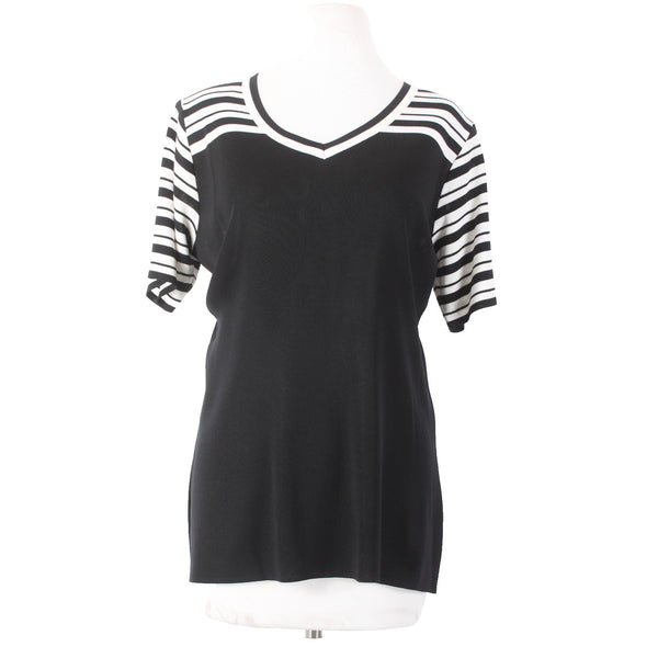 Misook Top Sz M Black White Striped Short Sleeve 100% Acrylic Top