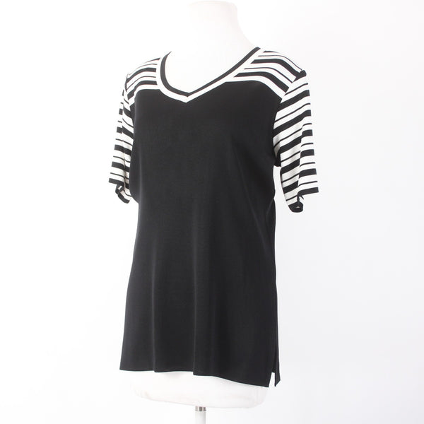 Misook Top Sz M Black White Striped Short Sleeve 100% Acrylic Top