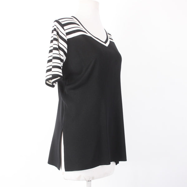 Misook Top Sz M Black White Striped Short Sleeve 100% Acrylic Top