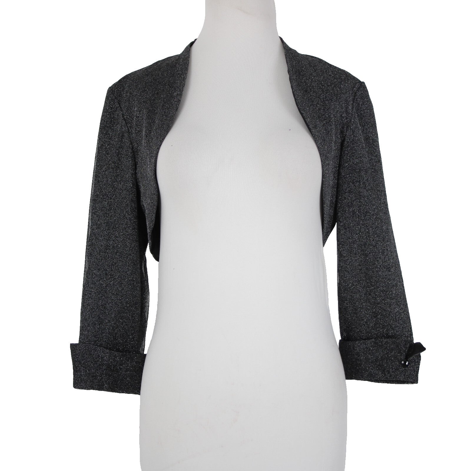 Dress Barn Collection Sz 8 Black Silver Lined Metallic Nylon Wrap Bolero Sweater