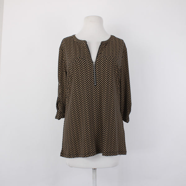 7th Avenue Top NEW $40 Sz L Black Brown Check Design V Neck Poly Spandex Top