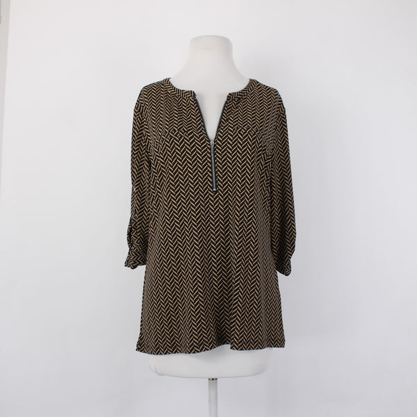 7th Avenue Top NEW $40 Sz L Black Brown Check Design V Neck Poly Spandex Top