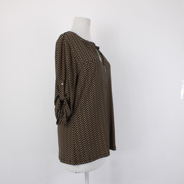 7th Avenue Top NEW $40 Sz L Black Brown Check Design V Neck Poly Spandex Top