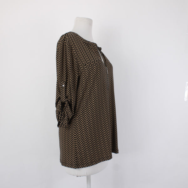 7th Avenue Top NEW $40 Sz L Black Brown Check Design V Neck Poly Spandex Top
