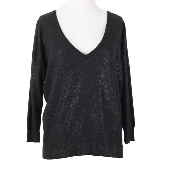 Joie Sz S Black Speckled Deep V Neck 3/4 Sleeve Nylon Rayon Wool Sweater