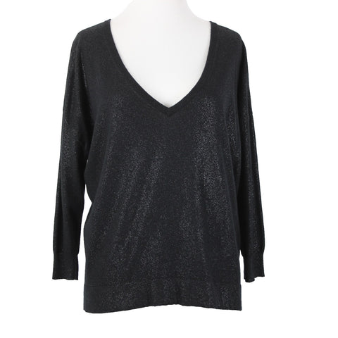 Joie Sz S Black Speckled Deep V Neck 3/4 Sleeve Nylon Rayon Wool Sweater