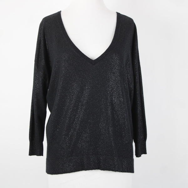 Joie Sz S Black Speckled Deep V Neck 3/4 Sleeve Nylon Rayon Wool Sweater
