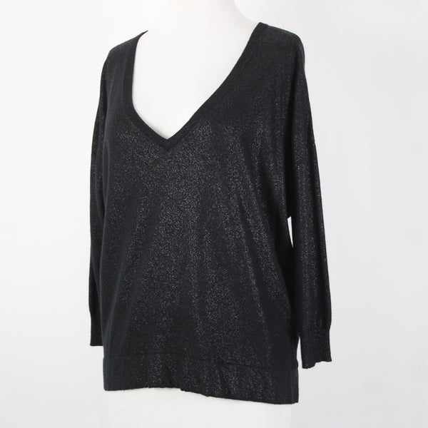 Joie Sz S Black Speckled Deep V Neck 3/4 Sleeve Nylon Rayon Wool Sweater
