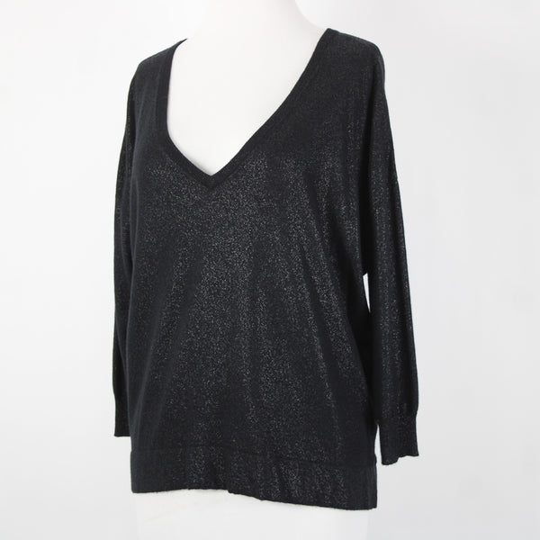 Joie Sz S Black Speckled Deep V Neck 3/4 Sleeve Nylon Rayon Wool Sweater