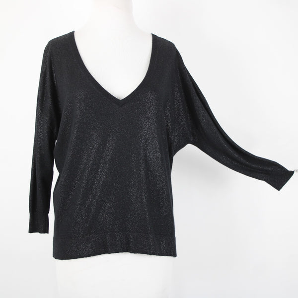 Joie Sz S Black Speckled Deep V Neck 3/4 Sleeve Nylon Rayon Wool Sweater