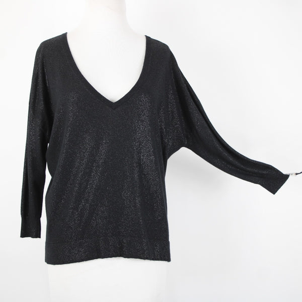 Joie Sz S Black Speckled Deep V Neck 3/4 Sleeve Nylon Rayon Wool Sweater