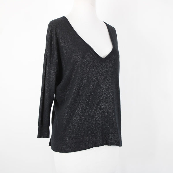 Joie Sz S Black Speckled Deep V Neck 3/4 Sleeve Nylon Rayon Wool Sweater