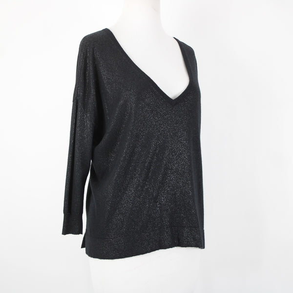 Joie Sz S Black Speckled Deep V Neck 3/4 Sleeve Nylon Rayon Wool Sweater