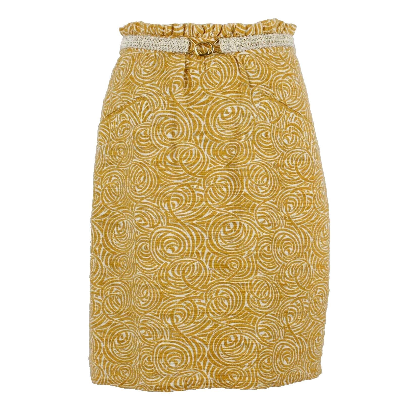 Elevenses Sz 6 Gold Ivory Belt Lined Pencil Rayon Linen Blend Poly Skirt
