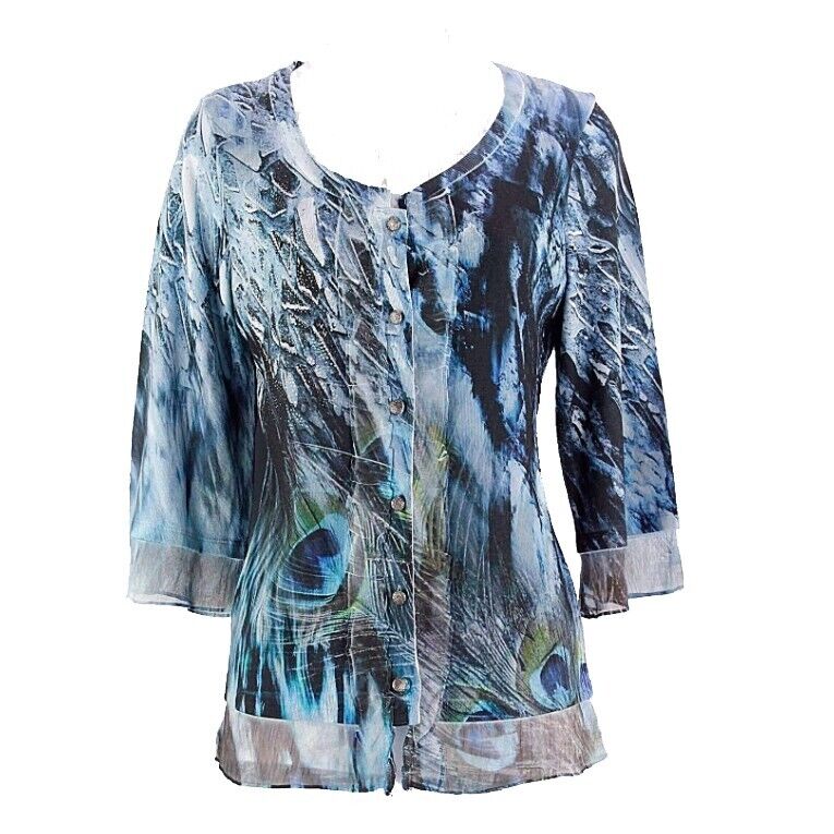 BLEU NEW $30 Sz S Blue Gray Green Peacock Silver Stud Poly Blend Cardigan