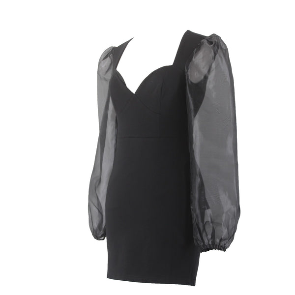 Lulus Dress NEW Sz S Black Sweet Heart Neck Open Back Sheer Arms Rayon Nylon