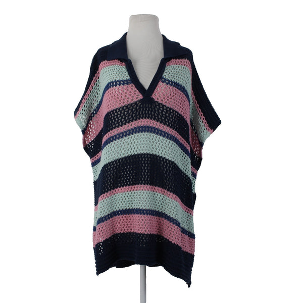 Free People Sz OS Navy Blue Pink Multi Color Collared Cotton Cover Up Dress