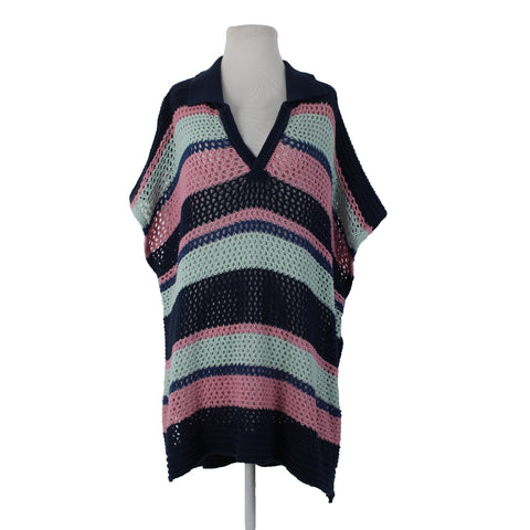 Free People Sz OS Navy Blue Pink Multi Color Collared Cotton Cover Up Dress