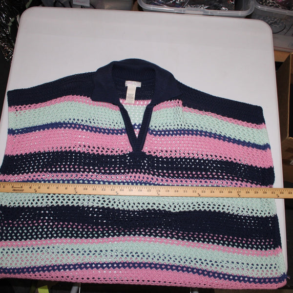 Free People Sz OS Navy Blue Pink Multi Color Collared Cotton Cover Up Dress