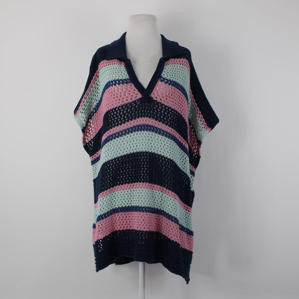 Free People Sz OS Navy Blue Pink Multi Color Collared Cotton Cover Up Dress