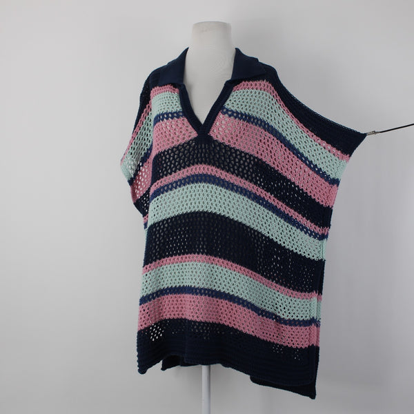 Free People Sz OS Navy Blue Pink Multi Color Collared Cotton Cover Up Dress