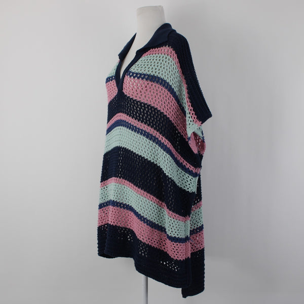 Free People Sz OS Navy Blue Pink Multi Color Collared Cotton Cover Up Dress