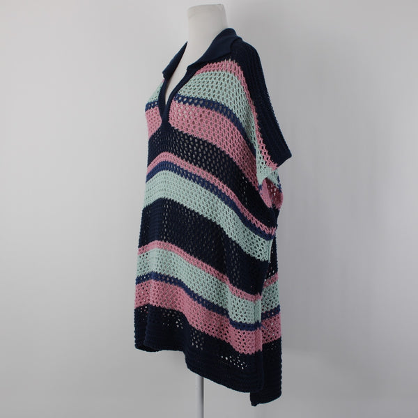 Free People Sz OS Navy Blue Pink Multi Color Collared Cotton Cover Up Dress