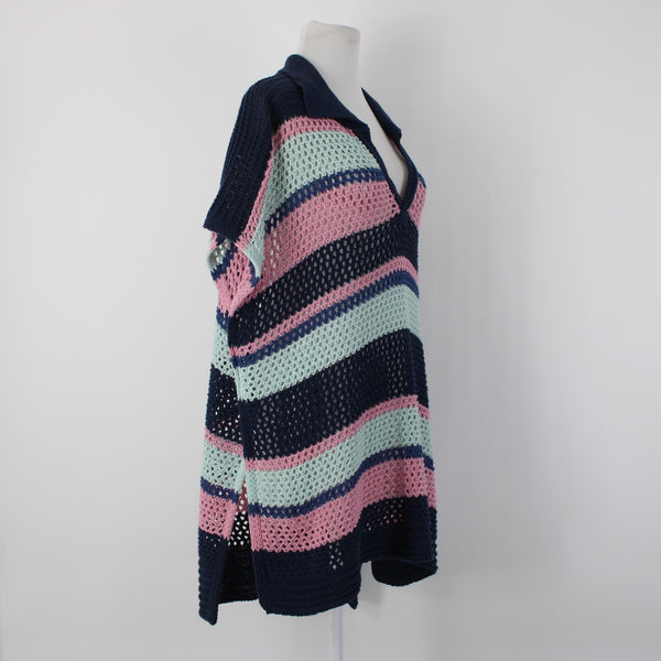 Free People Sz OS Navy Blue Pink Multi Color Collared Cotton Cover Up Dress