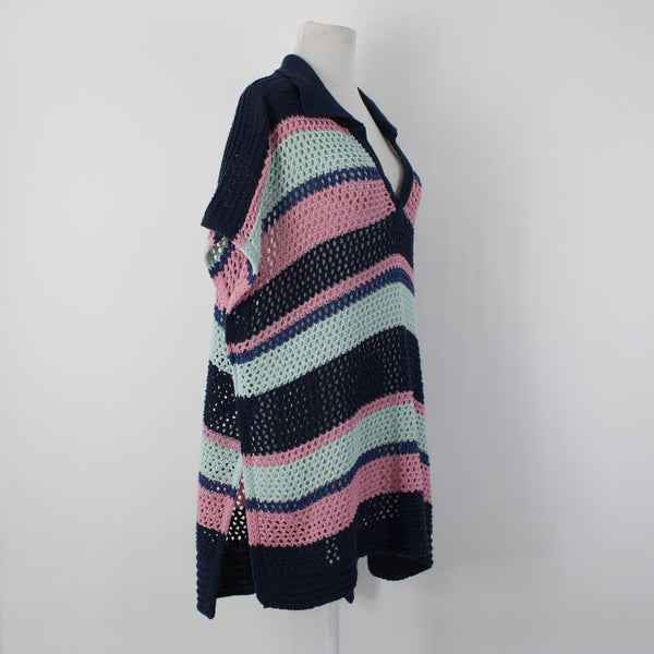 Free People Sz OS Navy Blue Pink Multi Color Collared Cotton Cover Up Dress