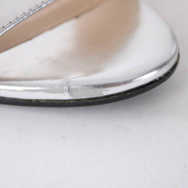 Prada Wedge Heel Sz 35.5 Silver Black Ankle Strap Adjustable Leather 2.5" Heel