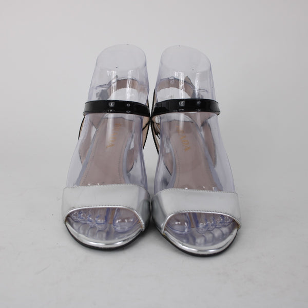 Prada Wedge Heel Sz 35.5 Silver Black Ankle Strap Adjustable Leather 2.5" Heel
