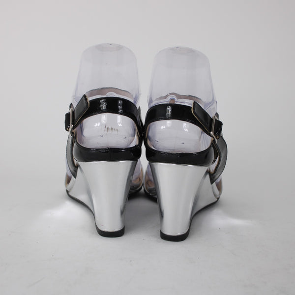 Prada Wedge Heel Sz 35.5 Silver Black Ankle Strap Adjustable Leather 2.5" Heel
