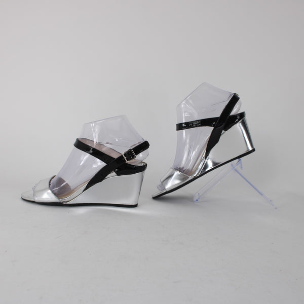 Prada Wedge Heel Sz 35.5 Silver Black Ankle Strap Adjustable Leather 2.5" Heel