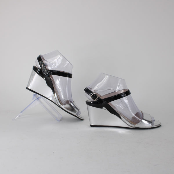 Prada Wedge Heel Sz 35.5 Silver Black Ankle Strap Adjustable Leather 2.5" Heel