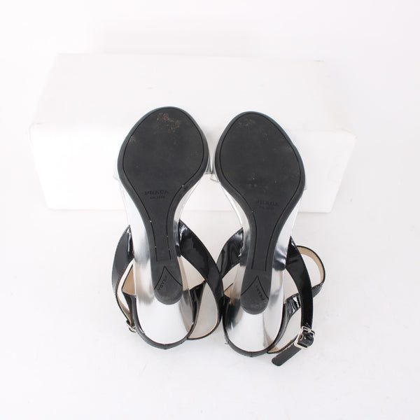 Prada Wedge Heel Sz 35.5 Silver Black Ankle Strap Adjustable Leather 2.5" Heel
