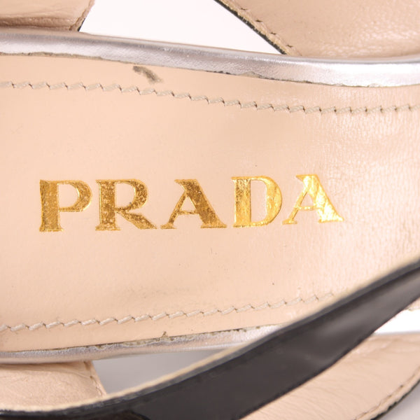 Prada Wedge Heel Sz 35.5 Silver Black Ankle Strap Adjustable Leather 2.5" Heel