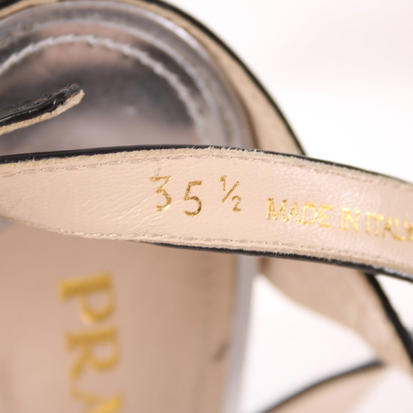 Prada Wedge Heel Sz 35.5 Silver Black Ankle Strap Adjustable Leather 2.5" Heel