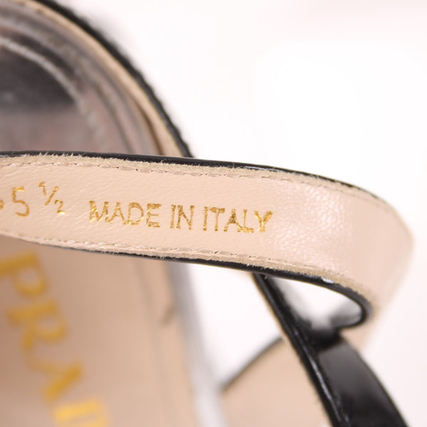 Prada Wedge Heel Sz 35.5 Silver Black Ankle Strap Adjustable Leather 2.5" Heel