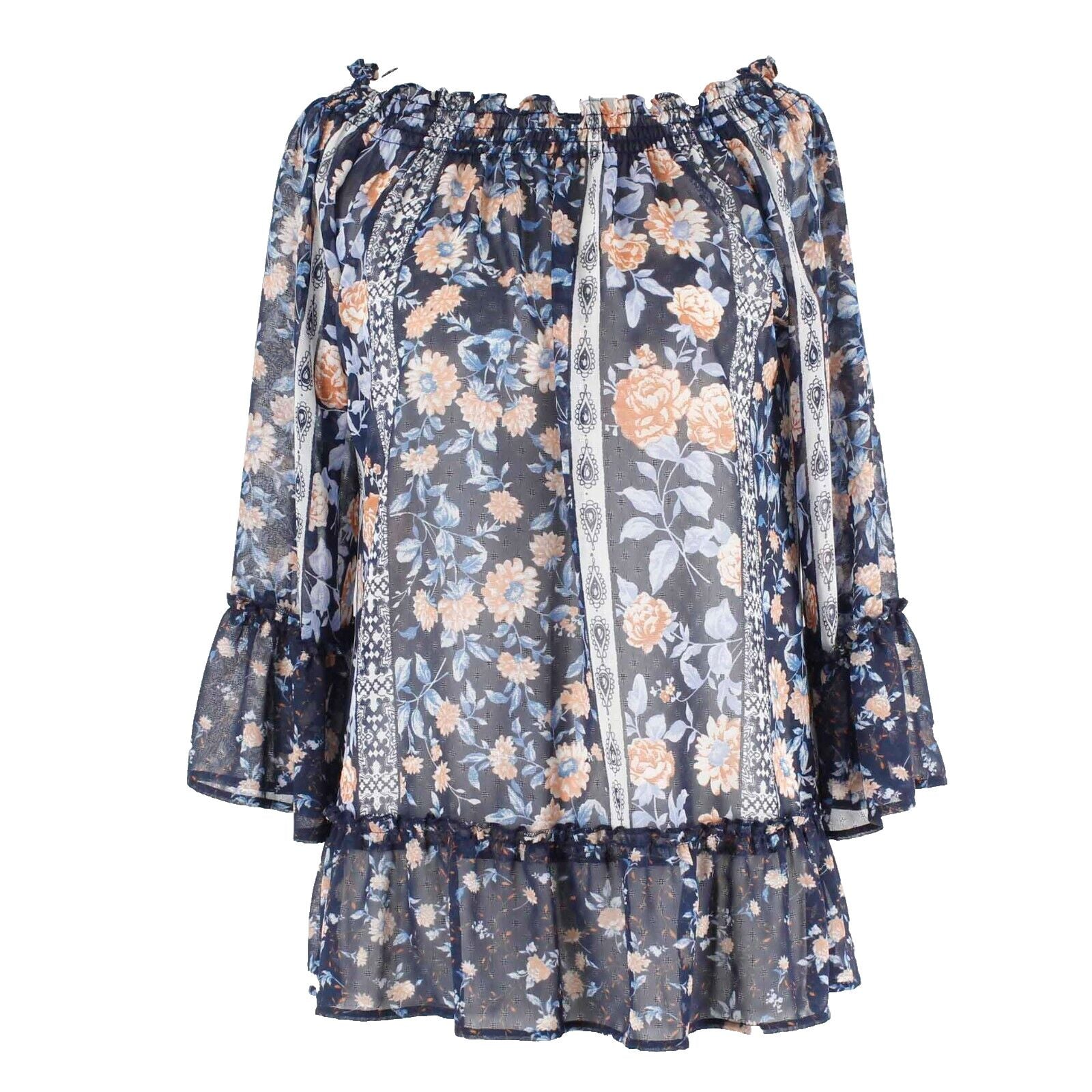 Westport 1962 NEW $36 Sz S Navy Peach Multi Convertible Ruffle Poly Top