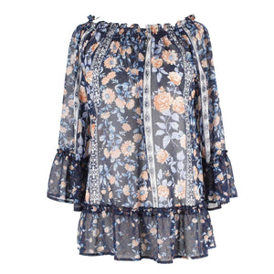 Westport 1962 NEW $36 Sz S Navy Peach Multi Convertible Ruffle Poly Top